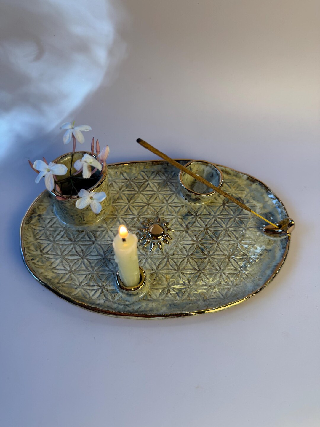 Handmade Ceramic Ritual Dish – Flower of Life Altar Tray Gold Sun, Moon ...