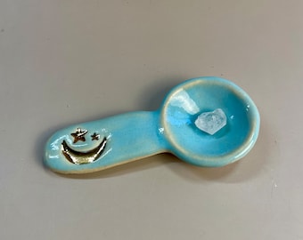 Handmade ceramic aqua with gold crescent moon and stars spoon