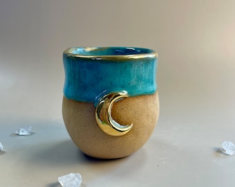 Handmade ceramic blue Goddess and Gold Crescent Moon vase