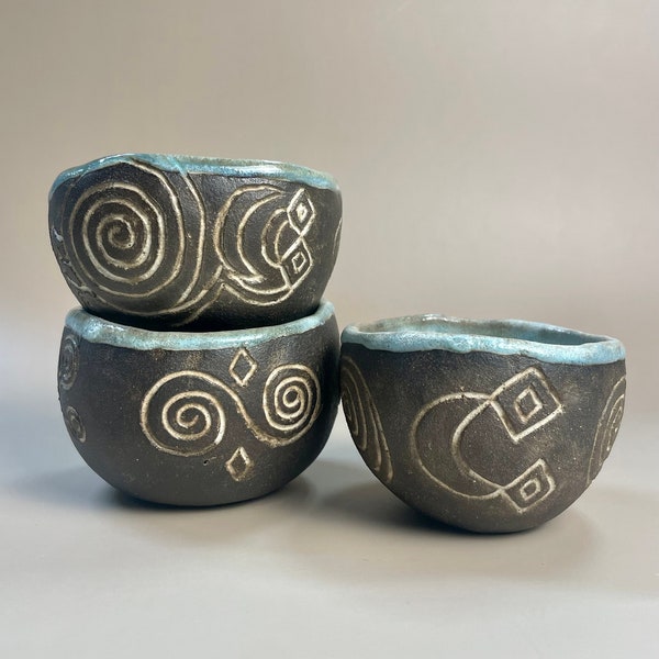 Handmade ceramic Newgrange inspired carved ritual cups