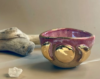 Small handmade ceramic pink gold triple moon bowl