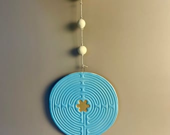 Ceramic handmade Blue Labyrinth wall hanging with white beads