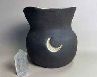 Large dark clay handmade ceramic moon vase