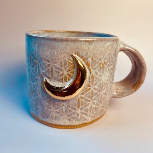Hand-Built Ceramic Mug – Lavender flower of life with Gold Moons