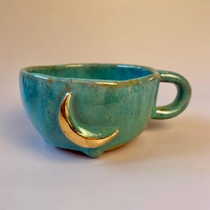 Turquoise gold crescent moon handmade ceramic mug or bowl