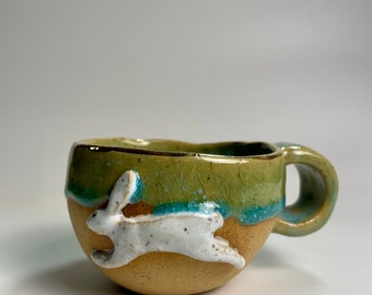 Handmade ceramic gold triple moon and white rabbit mug