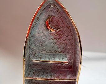 Handmade Ceramic Altar Shelf | Gothic Arch Wall Shrine | Flower of Life Pattern | Gold Luster Moon | Ritual Shelf for Sacred Living
