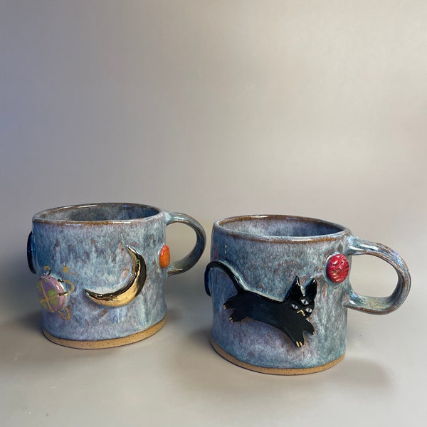 Handmade large ceramic ceramic cat mug with planets and gold stars