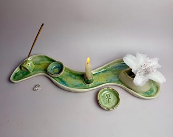 Porcelain Nile Ritual Dish Set – 15” Handbuilt Altar Tray with Candle Holder, Incense, Vase & Ankh Offering Bowl