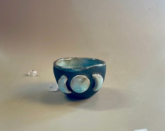 Small handmade dark ceramic triple moon bowl