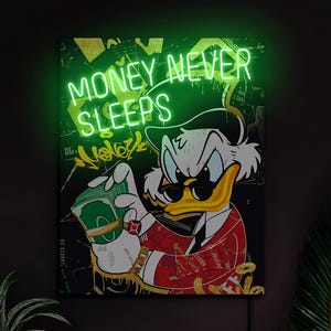 Money neon sign, Money never sleeps neon sign, Scrooge neon sign art, Dollar neon sign decor, Money pop art artwork, Money wall art decor