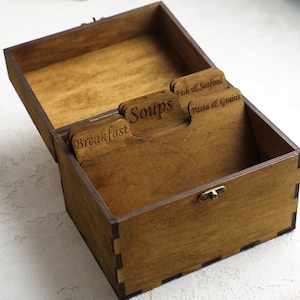 Caja de recetas de madera con separadores, Caja de recetas personalizada para despedida de soltera, Caja de recetas personalizada, Caja de recetas de madera 4x6, Caja de recetas grabada