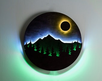 Insegna luminosa al neon di montagna, insegna al neon di montagna, insegna luminosa di montagna, insegna a LED di montagna, insegna rotonda di montagna, arte murale in legno con LED