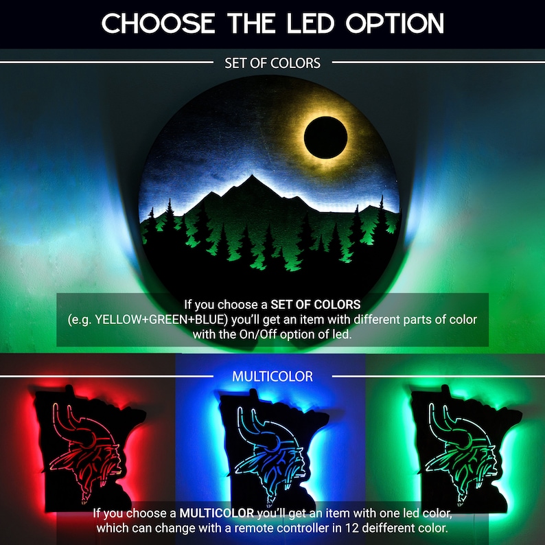 May include: A circular wall light featuring a mountain and forest silhouette with a dark sun, and a state-shaped light featuring a Viking head logo. Text includes CHOOSE THE LED OPTION, SET OF COLORS, and MULTICOLOR with descriptive instructions.