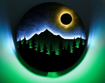 Arte murale a LED con montagna, insegna a LED con montagna, arte murale luminosa con montagna, insegna al neon a LED con montagna, insegna rotonda con montagna, arte murale in legno con LED