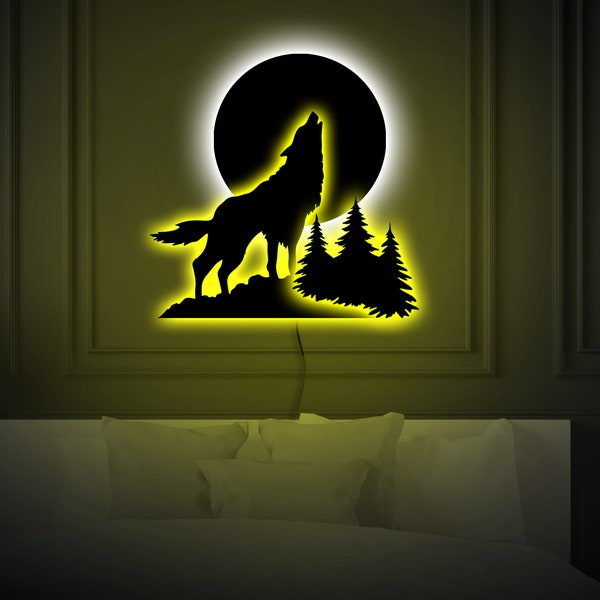 Wolf neon sign, Wolf led sign, Wolf and moon wall art with led, Wolf light up sign, Wolf neon light, Wolf night light, Wolf wall decor