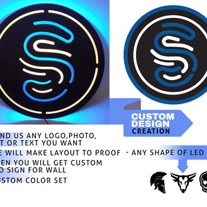 Op de afbeelding: Een aangepast LED-bord met een gestileerde blauwe en witte letter "S" in een cirkel. Het bord wordt verlicht met blauwe en witte lampen. De tekst "CUSTOM DESIGN CREATION" staat onder het bord. De tekst "SEND US ANY LOGO, PHOTO, ART OR TEXT YOU WANT" staat onder de tekst "CUSTOM DESIGN CREATION". De tekst "WE WILL MAKE LAYOUT TO PROOF - ANY SHAPE OF LED SIGN" staat onder de tekst "SEND US ANY LOGO, PHOTO, ART OR TEXT YOU WANT". De tekst "THEN YOU WILL GET CUSTOM LED SIGN FOR WALL" staat onder de tekst "WE WILL MAKE LAYOUT TO PROOF - ANY SHAPE OF LED SIGN". De tekst "CUSTOM COLOR SET" staat onder de tekst "THEN YOU WILL GET CUSTOM LED SIGN FOR WALL".