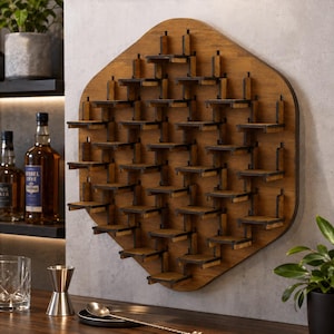 May include: A wall-mounted wooden display rack featuring a large, rounded hexagonal back panel with a grid of small, protruding shelves. The structure is crafted from medium-toned wood with dark, charred-effect edges on each individual shelf.