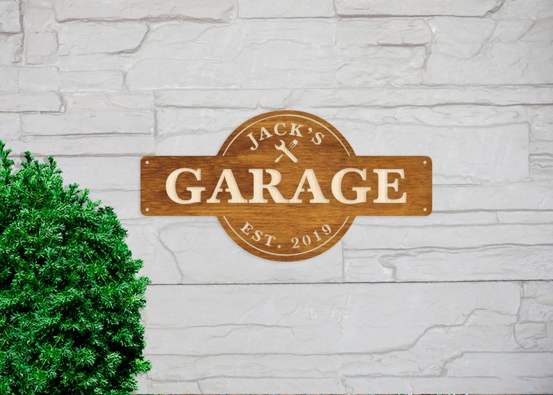 May include: A wooden sign with the text "Jack's Garage Est. 2019" and a wrench and screwdriver graphic.