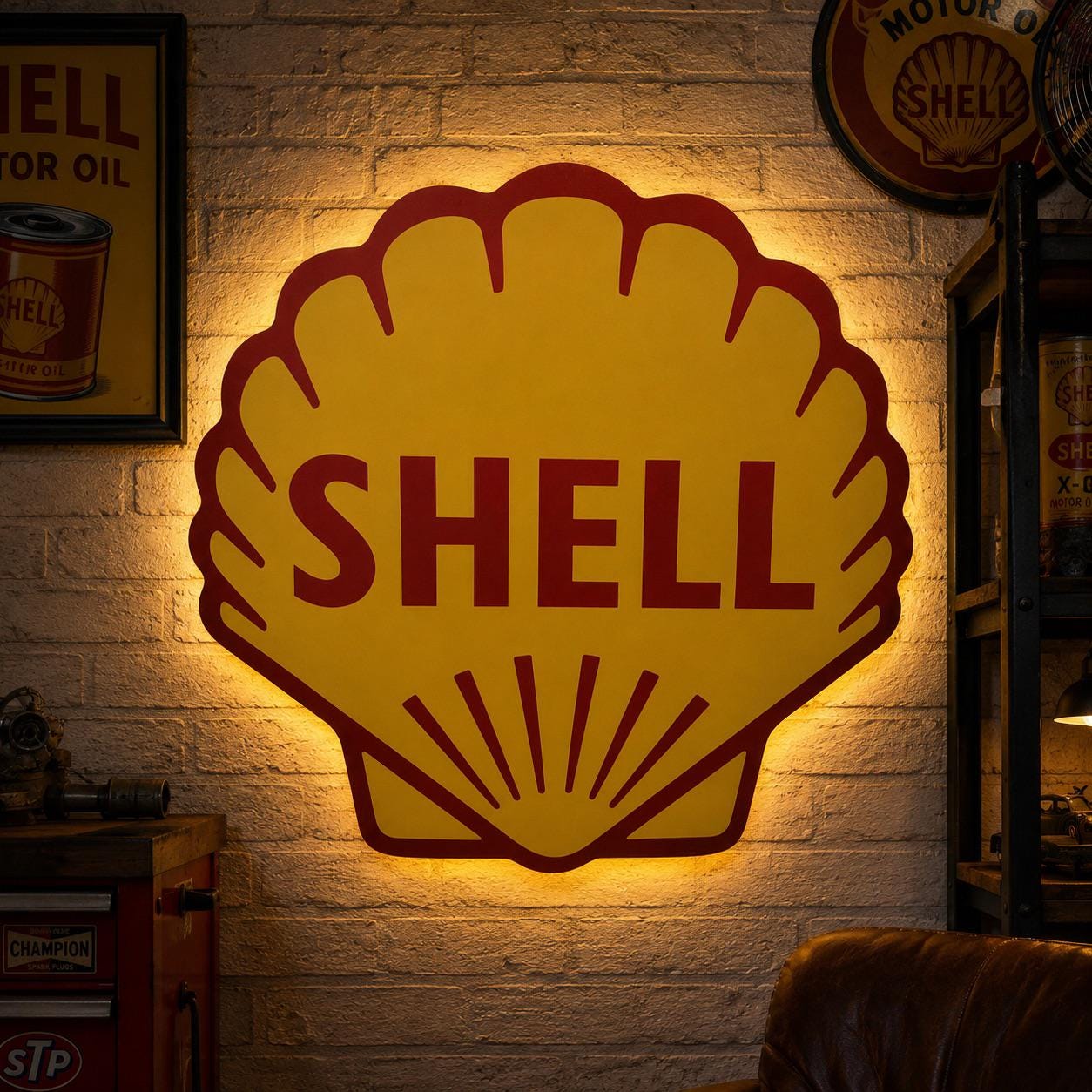 Shell Neon Sign, Vintage Oil Company LED Wall Art, Gas Station