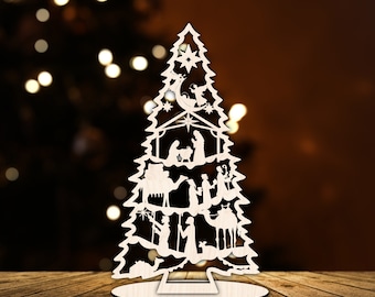 Christmas tree nativity, Christmas ornament tree, Nativity scene decor, Christmas decorations for table, Nativity ornament wood