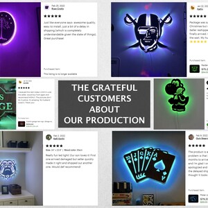 May include: A collage of customer reviews for custom-made LED signs. The reviews highlight the quality, craftsmanship, and customer service of the seller. The signs feature various designs, including a tree, a football player, a video game character, a bulldog, and a set of playing cards. Each sign is illuminated with colorful LED lights.