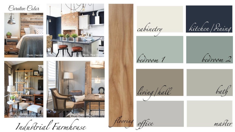 May include: A color palette for an industrial farmhouse style home. The palette includes colors for the kitchen, dining room, living room, bedroom, bathroom, and office. The colors are a mix of warm and cool tones, with a focus on neutral colors. The flooring is a light wood tone. The text in the image reads "Curative Color" and "Industrial Farmhouse".