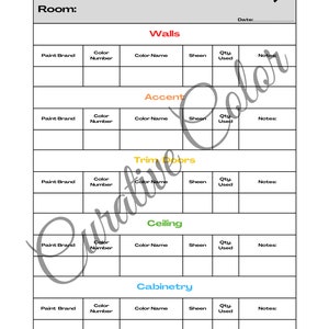 Puede incluir: Un gr&aacute;fico de seguimiento de pintura imprimible para ayudarte a llevar un registro de los colores de pintura y las cantidades utilizadas en cada habitaci&oacute;n de tu casa. El gr&aacute;fico incluye secciones para paredes, acento, moldura/puertas, techo y gabinetes. Cada secci&oacute;n tiene columnas para la marca de pintura, el n&uacute;mero de color, el nombre del color, el brillo, la cantidad utilizada y las notas.