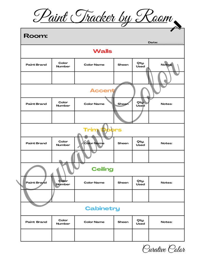 Puede incluir: Un gr&aacute;fico de seguimiento de pintura imprimible para ayudarte a llevar un registro de los colores de pintura y las cantidades utilizadas en cada habitaci&oacute;n de tu casa. El gr&aacute;fico incluye secciones para paredes, acento, moldura/puertas, techo y gabinetes. Cada secci&oacute;n tiene columnas para la marca de pintura, el n&uacute;mero de color, el nombre del color, el brillo, la cantidad utilizada y las notas.