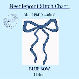 Puede incluir: Descarga digital en PDF de un gráfico de puntada de aguja. El diseño presenta un lazo azul con cintas largas y fluidas. El texto "Blue Bow" y "18 Mesh" se muestra debajo del lazo sobre un fondo azul claro.