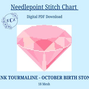May include: A digital PDF needlepoint stitch chart with a light blue background. The chart features a pink, pixelated diamond shape, the text "Pink Tourmaline - October Birth Stone," and the text "18 Mesh."