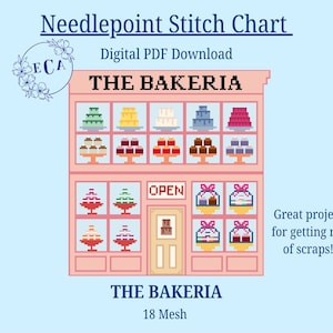 The Bakeria Storefront, Needlepoint Chart and Counted Cross Stitch Pattern, Beginner DIY (Digital PDF Download)