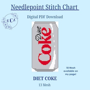 May include: A digital PDF needlepoint stitch chart featuring a pixelated Diet Coke can design. The can is gray with the word "Coke" in red. The chart includes the text "Needlepoint Stitch Chart" and "Diet Coke".