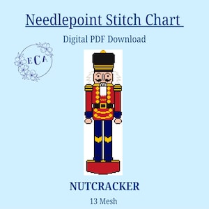 May include: Needlepoint stitch chart featuring a pixelated nutcracker soldier in red, black, and blue. The digital PDF download includes the text "Nutcracker" and "13 Mesh" on a light blue background.