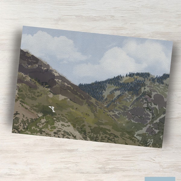 BYU Y Mountain Watercolor Art, Provo Utah Mountain, BYU Art