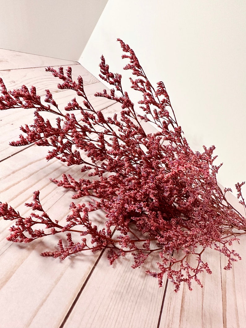 K&ouml;nnte beinhalten: Ein Strau&szlig; getrockneter rosa Blumen mit zarten Stielen, die auf einer hellen Holzoberfl&auml;che angeordnet sind.