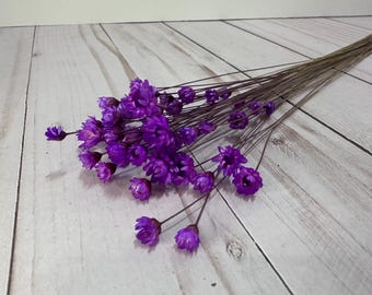 Könnte beinhalten: Ein Bund getrockneter lila Blumen mit dünnen, braunen Stielen. Die Blüten sind an den Enden der Stiele angeordnet, vor einem hellen Holzuntergrund. Die Blüten haben einen leuchtenden Lilaton.