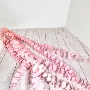 May include: Three strands of pink eucalyptus stems with leaves in various shades of pink, arranged on a white wooden surface.