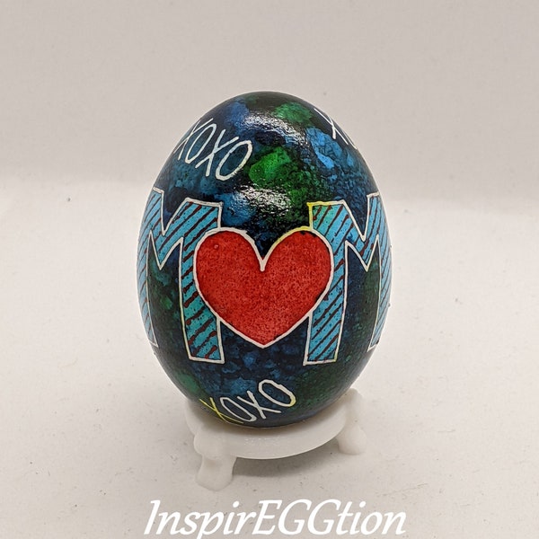 Decorative Chicken Egg, Mothers Day alcohol ink pysanky art, XOXO Mom stripes