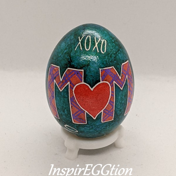 Decorative Chicken Egg, Mothers Day alcohol ink pysanky art, XOXO Mom Plaid