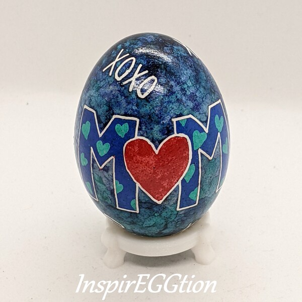 Decorative Chicken Egg, Mothers Day alcohol ink pysanky art, XOXO Mom Turquoise hearts