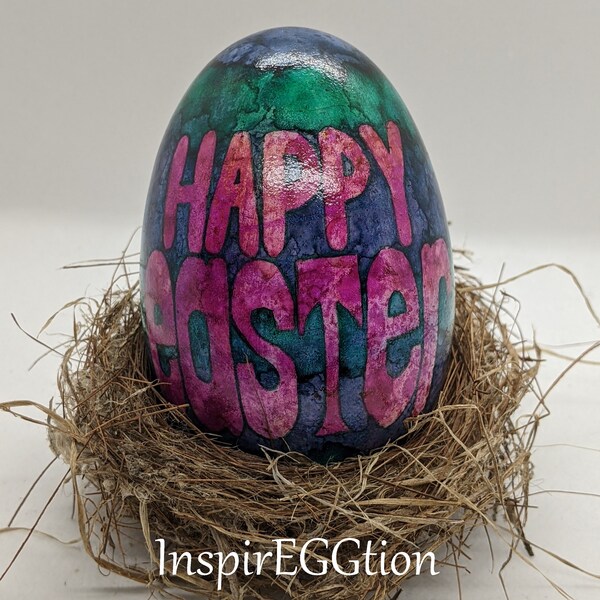 Real Easter Egg, Alcohol Ink Goose Egg art, Green n Blue Stripes