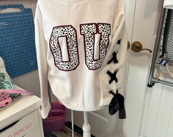 Oklahoma OU Sweatshirt: Dalmatian Print Chiffon Bow - Game Day Style Sz L