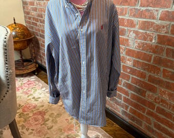 Repurposed upcycled Ralph Lauren Oxford Stripe Shirt, blue, orange and brown preppy Ruffled Collar, mens L