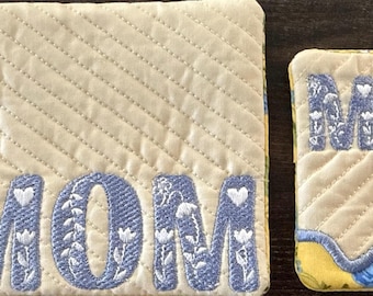 Embroidered Mom Mug Rug and Coaster Set, Quilted Cotton Fabric Home Decor
