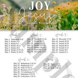 以下が含まれることがあります： 「JOY in serving Jesus」というタイトルの印刷可能な聖書書き写しプランと、5週間毎日読む聖書の節のリストです。