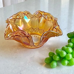 Vintage Diamond Cut Marigold Carnival Glass Bowl