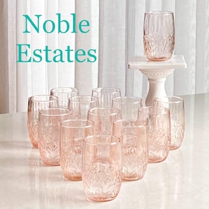 Vasos de cristal vintage MacBeth Evans con hojas rosas (circa 1928) - Juego de 13