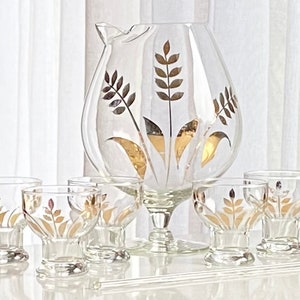 Vintage Cera Glass Gold Wheat Leaf Pitcher and Five (5) Glasses