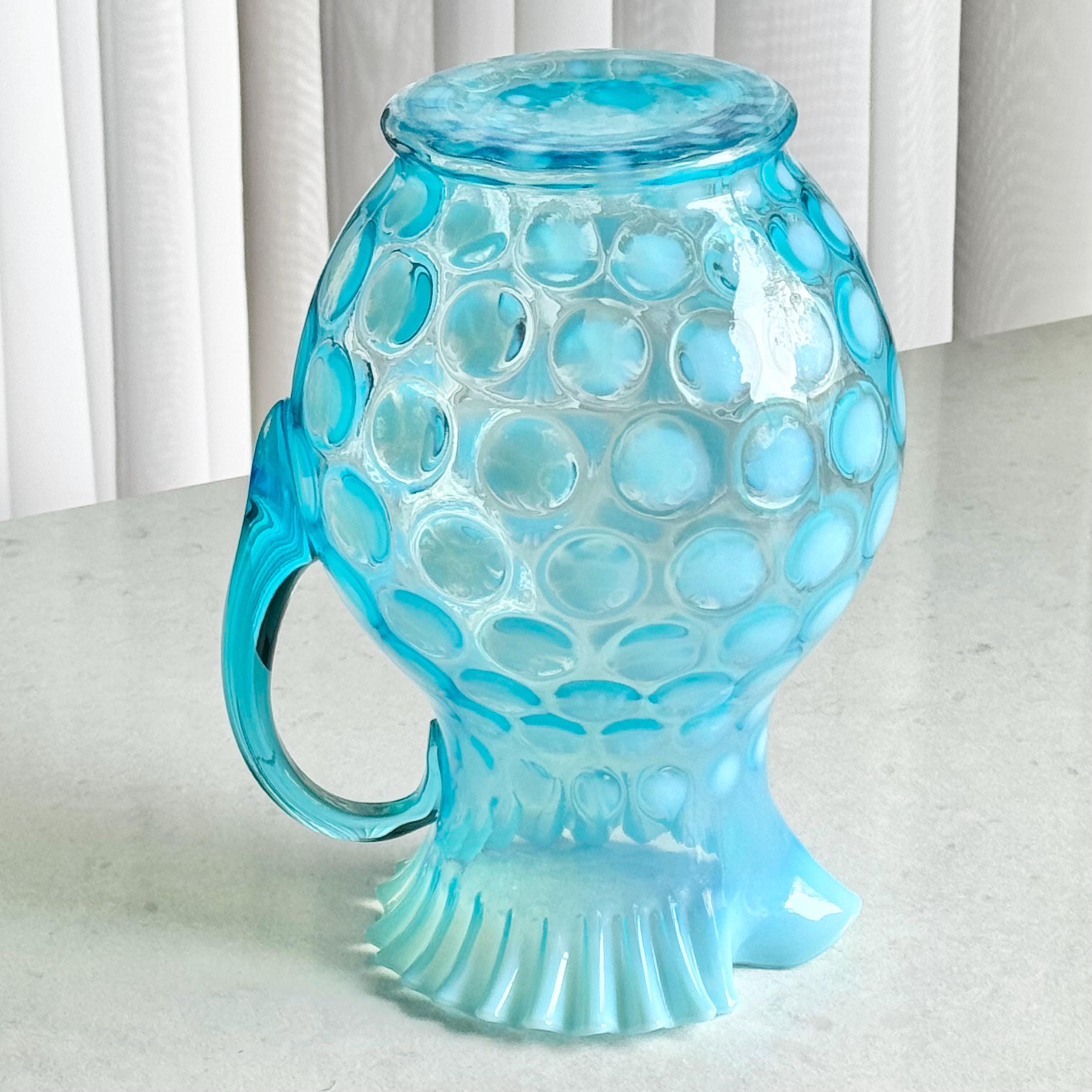 Vintage Fenton Blue Opalescent Large 9-3/4 Inch Coin Dot Pitcher
